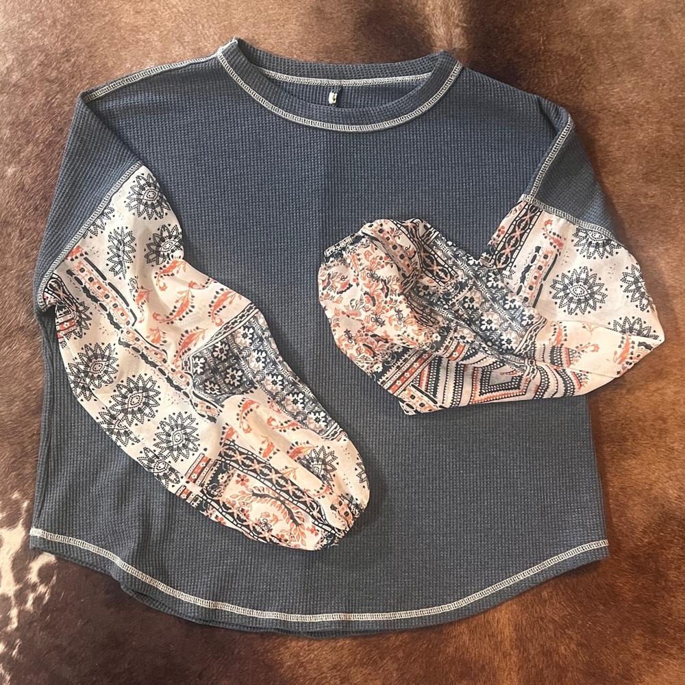 Blue Waffle Knit Top with Patterned Balloon Sleeves